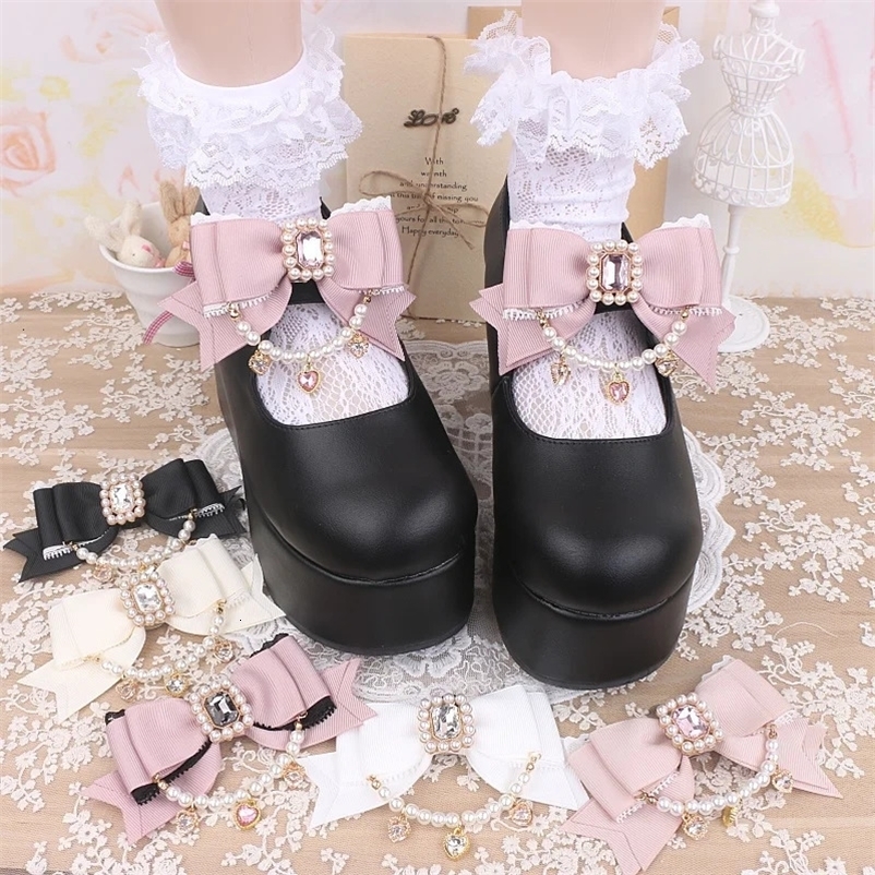 Jirai Kei Style Mine Lace Splicing Bow Shoes Accessories Lolita Beaded Heart Rhinestone Bow Shoe Clip Mary Janes Buckle250418bj