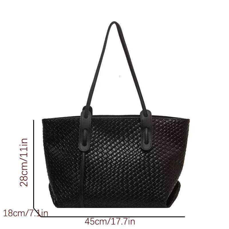 Retro Fashion Classic Solid Color Pu Woven Rhombic Lattice Design Double Handle Single Shoulder Large Capacity Tote Bag