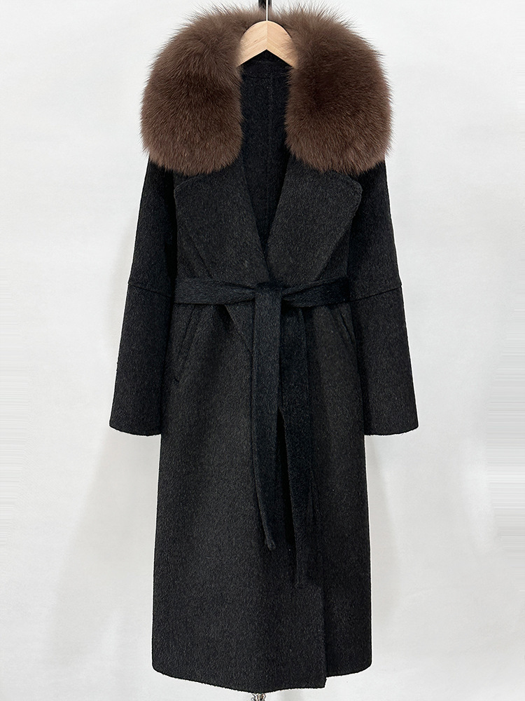 2025 French lazy women's slim fit coat with fox fur collar and lace up double-sided cashmere long woolen coat long coat women wool coat women des