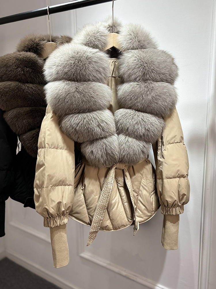 2025 Dongdaemun New Style Knitted Sleeve Belt Fashion Women's Short Down Jacket with Fox Fur Collar
