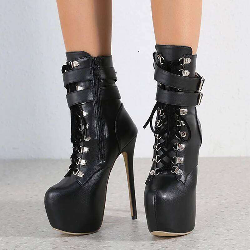 Liyke Sexy Buckle Strap 16.5 CM Extreme High Heels Platform Boots For Women Round Toe Cross Lace Up Party Club Stripper Shoes