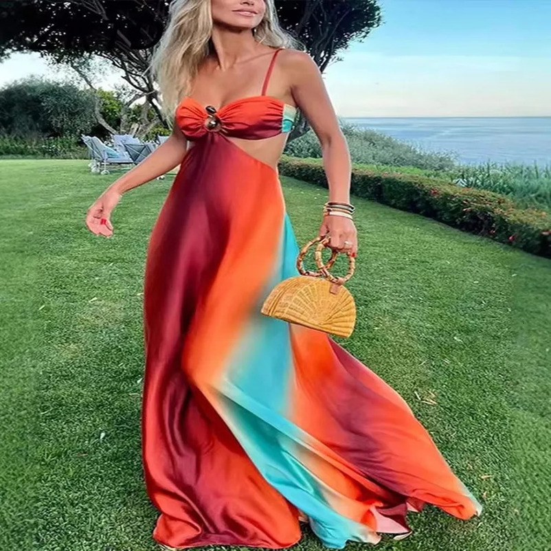 Sexy Gradient Hollow Out Maxi Dress Women Backless Sleeveless Sling Long Dresses Summer Vacation Boho Beach Satin Robes 250611