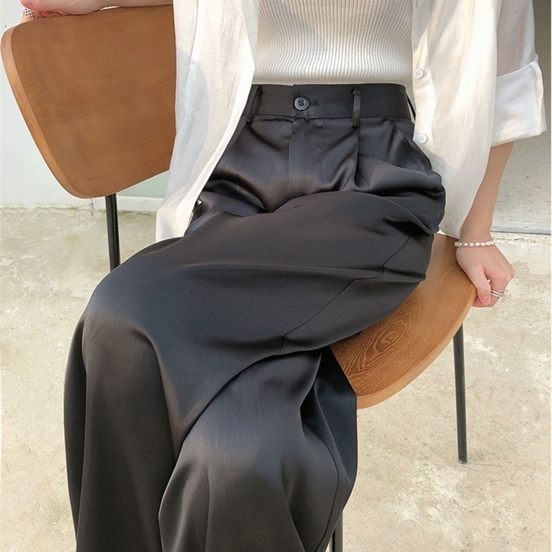 Two Piece Summer Silk Satin Womens High Waist Casual Black Korean Fashion Wide Leg Suit Pants for Women Trousers Oversize 230912 Z260314