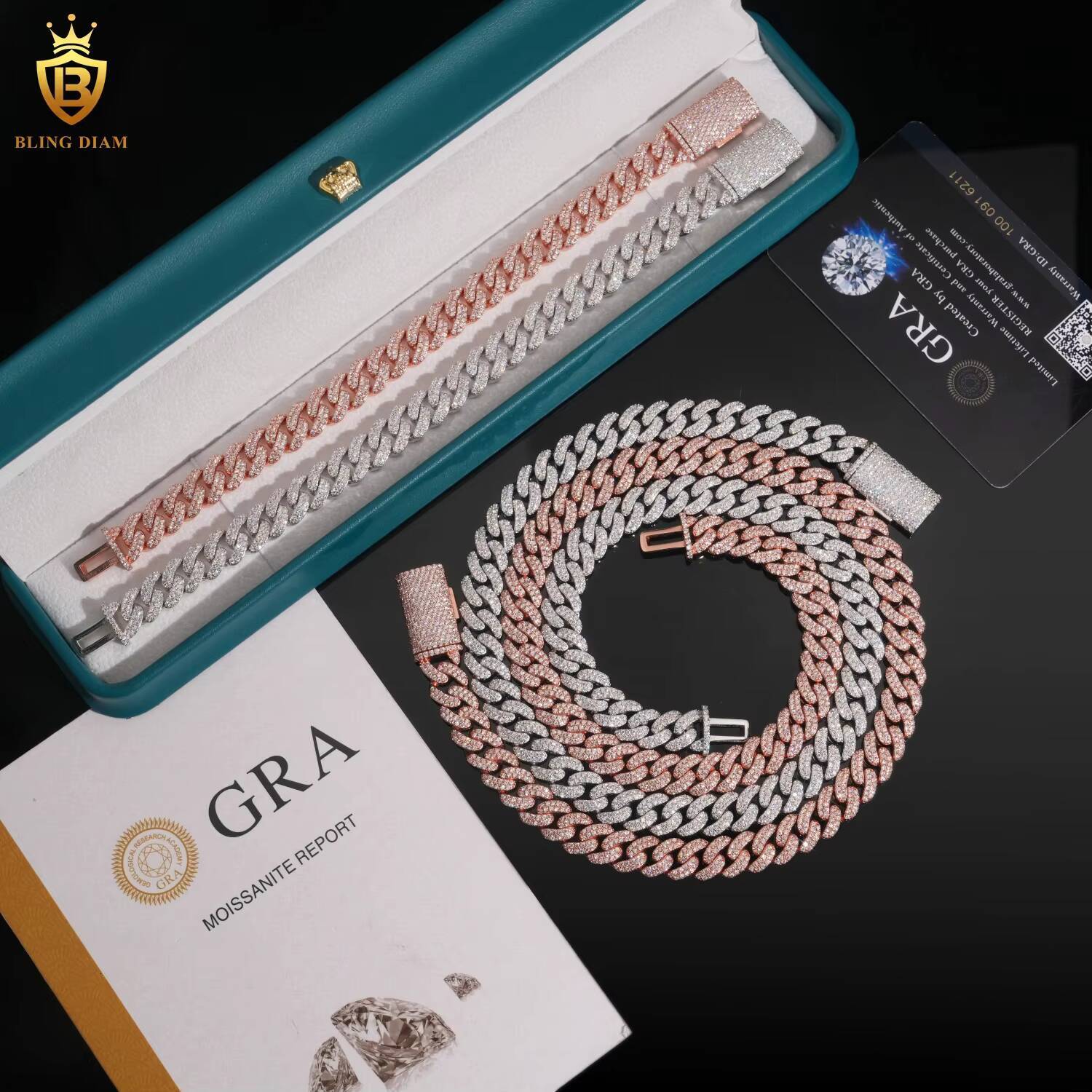 Wholesale Price Solid Silver 925 Rose Gold Cuban 10mm 12mm 13mm Iced Out VVS Moissanite Cuban Chain Necklace