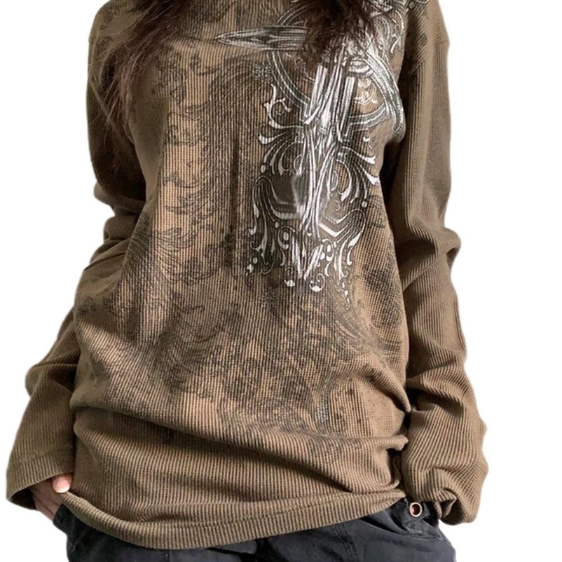 y2k Fairycore Grunge Tops Gothic Aesthetic 90s Clothes Women Vintage Graphic Floral Print Long Sleeve Kawaii T Shirts Tees Tops 240626