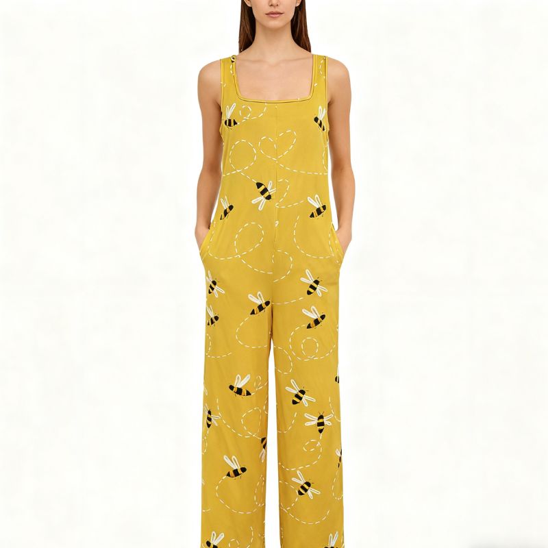 Women's Cute Bee Print Sleeveless Jumpsuit - Milk Silk Casual Grassland Vacation Romper with Pockets-CF50949