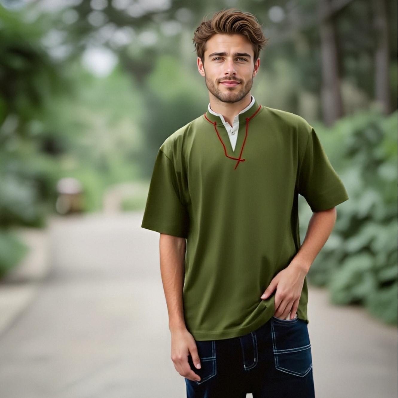 Men's American Style Fake Two-Piece V-Neck Short Sleeve Tee - Summer Heavyweight Cotton Top, Customizable Print-01009