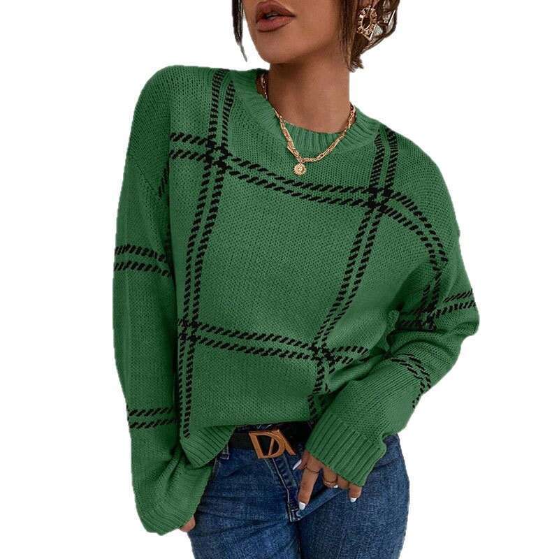 Yangyang Autumn Winter New Plaid Color Block Sweater for Women Casual Versatile Long Sleeve Round Neck Pullover Knitwear
