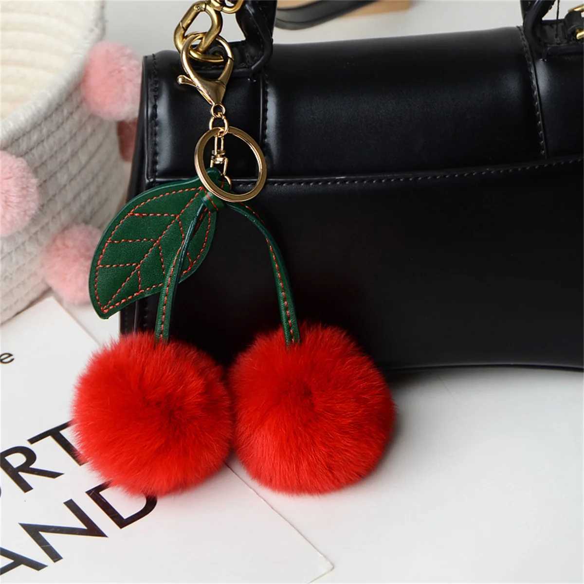 Cute Cherry Plush Toy Keychain New Kawaii Fluffy Cartoon Keychain Kid Gift Womens Bag Charm Pendant Backpack Car Key AccessoryXJ250928