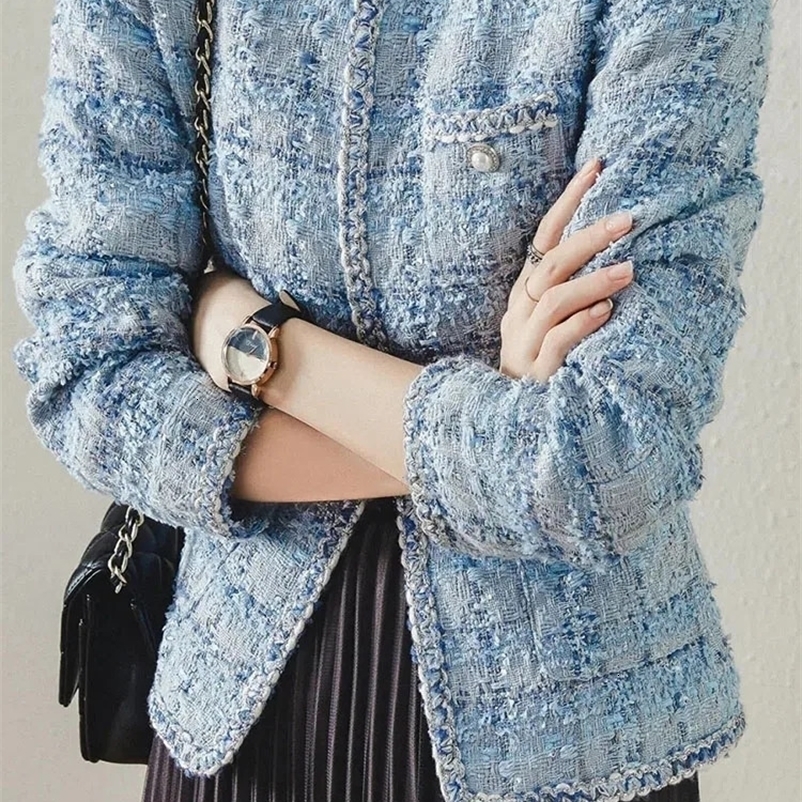 CJFHJE Long Sleeve Fashion Tweed Jackets Women Spring Autumn Classic Coats Female Plaid Blue Loose O-Neck Elegant Lady Jackets 240712