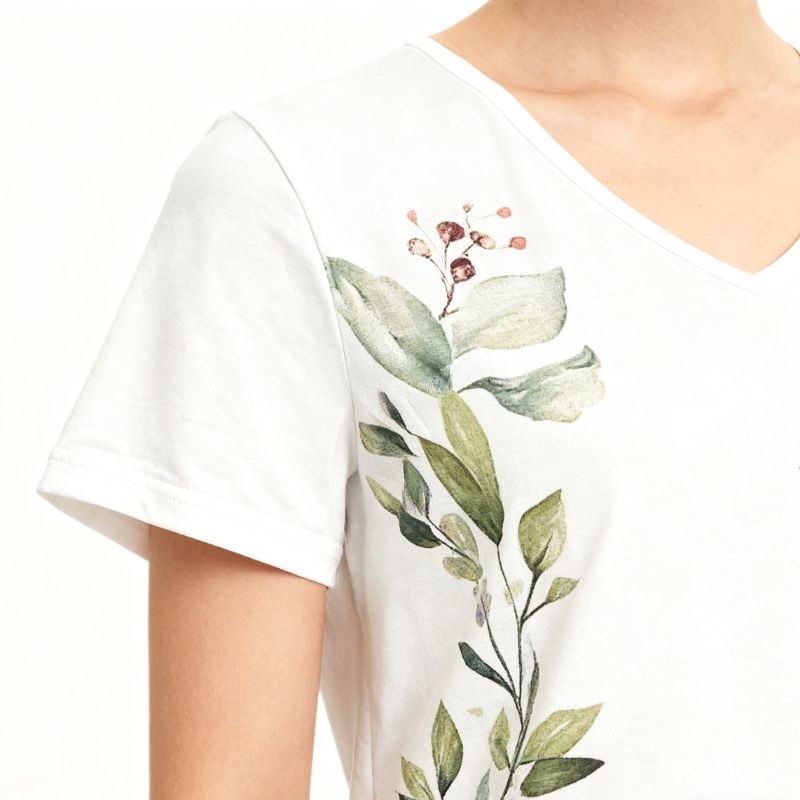 Women's V-Neck Short Sleeve Floral Leaf Print Casual T-Shirt-CF25495
