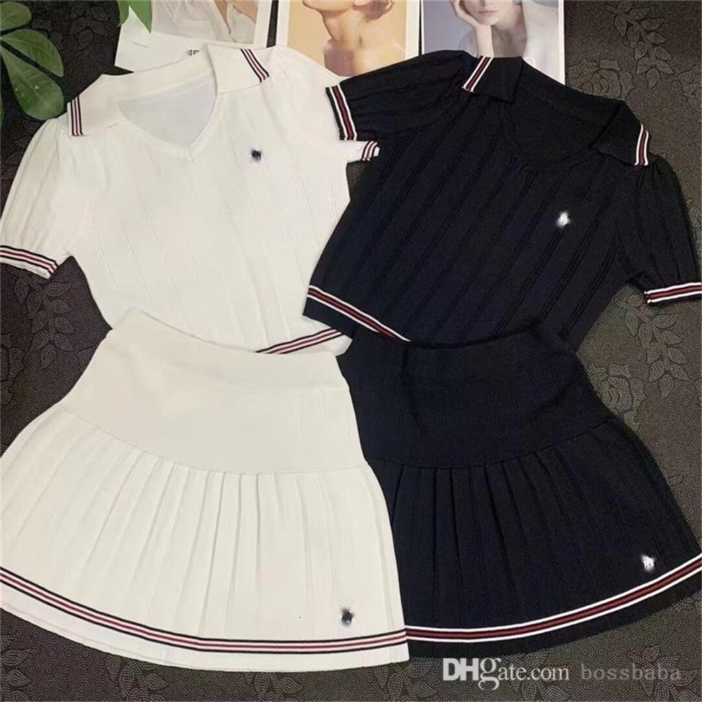 New Knitted Womens Designer Skirt Set Two Piece Dress Polo Collar Short Sleeve Top Knit Sweater High Waist Pleated Skirts Suit Outfits