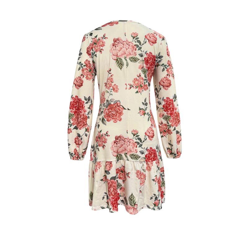 Women's Long Sleeve Floral Print Ruffled Hem Dress Elegant Vacation Apricot Dress-CF52796