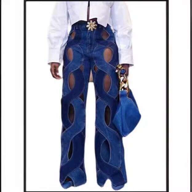 Women's Clothing Summer Casual Style Straight Tube Slim Twist Hollow Metal Button Jeans