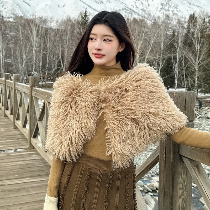 Fashion Long Cashmere Faux Fur Shoulder Shawl Women Party Dress Cape Autumn Winter Plush Scarf Short Wraps 250928