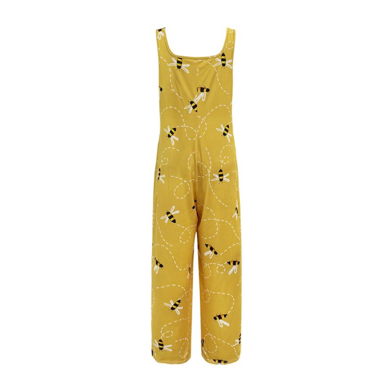 Women's Cute Bee Print Sleeveless Jumpsuit - Milk Silk Casual Grassland Vacation Romper with Pockets-CF50949