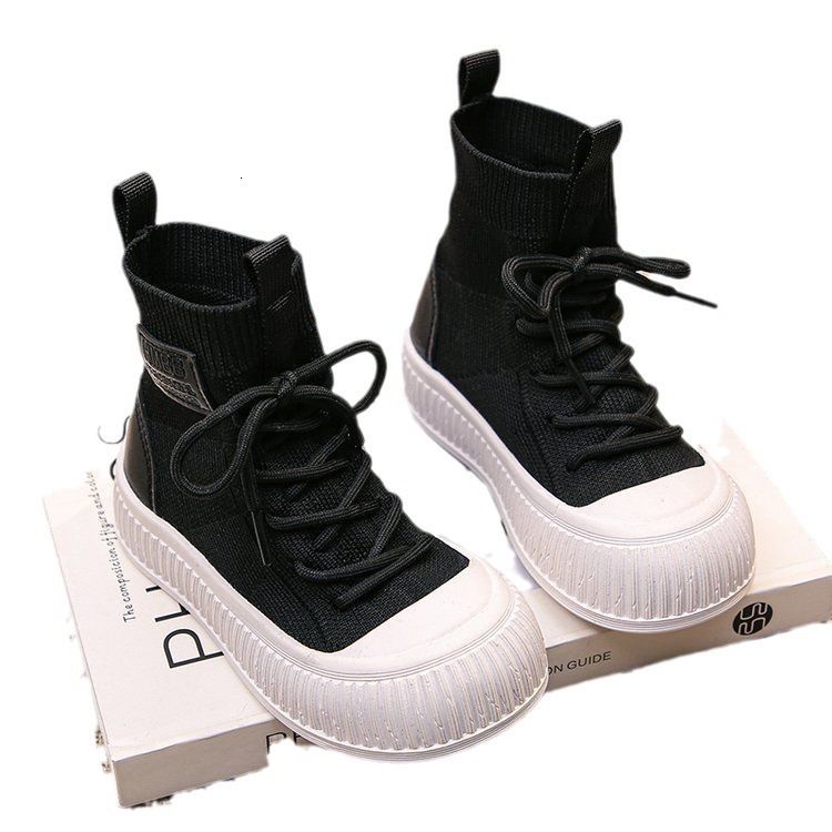 Autumn New High Top Knitted Shoes for Boys and Girls, Short Boots, Anti Slip Fashion Casual Shoes, Suitable for Children, Front Strap Fashion Boots, D