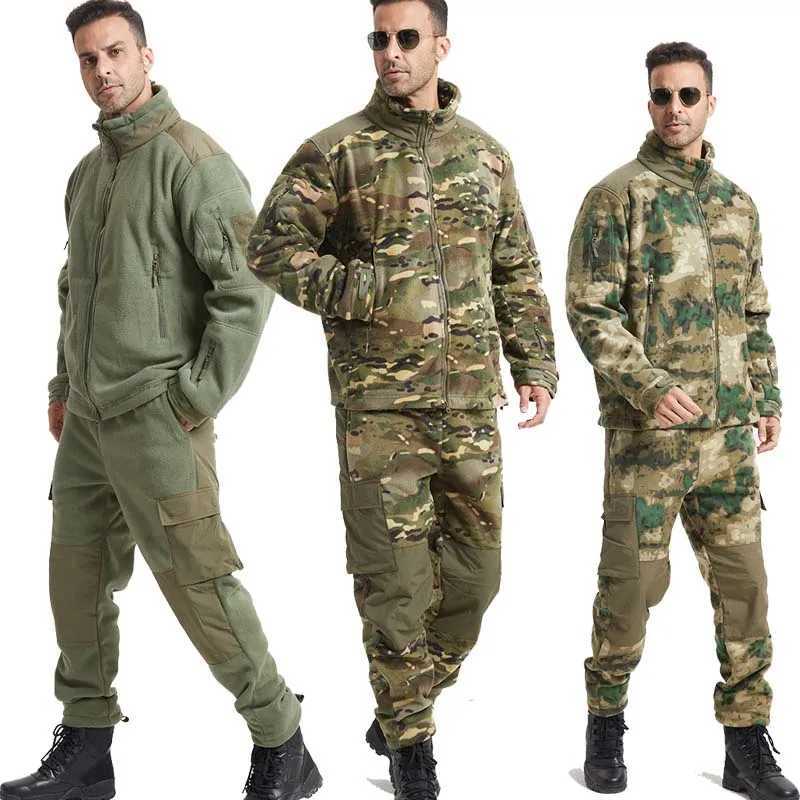 Tactical Jacket Fleece Mens Pants Zipper Pockets Jacket Thermal Suits Work Outwear Thick Warm Casual Tracksuit TwoPiece Suit W250928