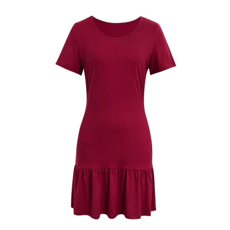 Women's Short Sleeve Solid Red Ruffled Hem Dress - Milk Silk French Elegant Casual Dress-CF52791