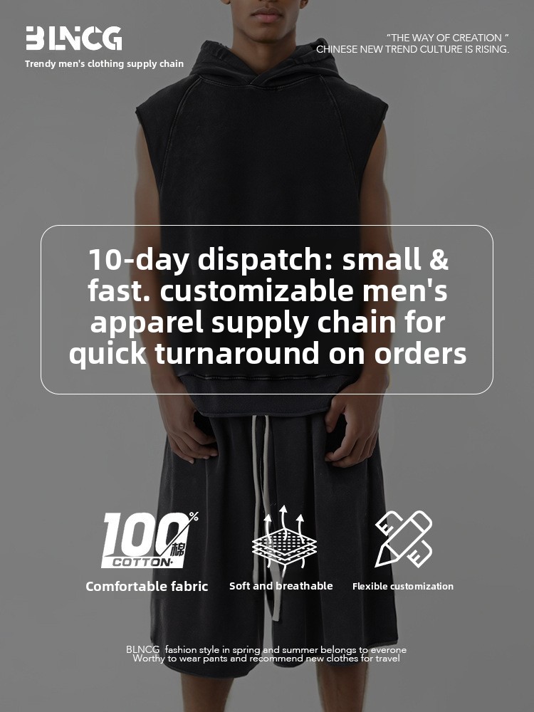 BLNCG New Sporty Streetwear Men's Tank - Cotton, Loose Hooded, American Trend, Snow Wash Sleeveless Tee-KFMT-12