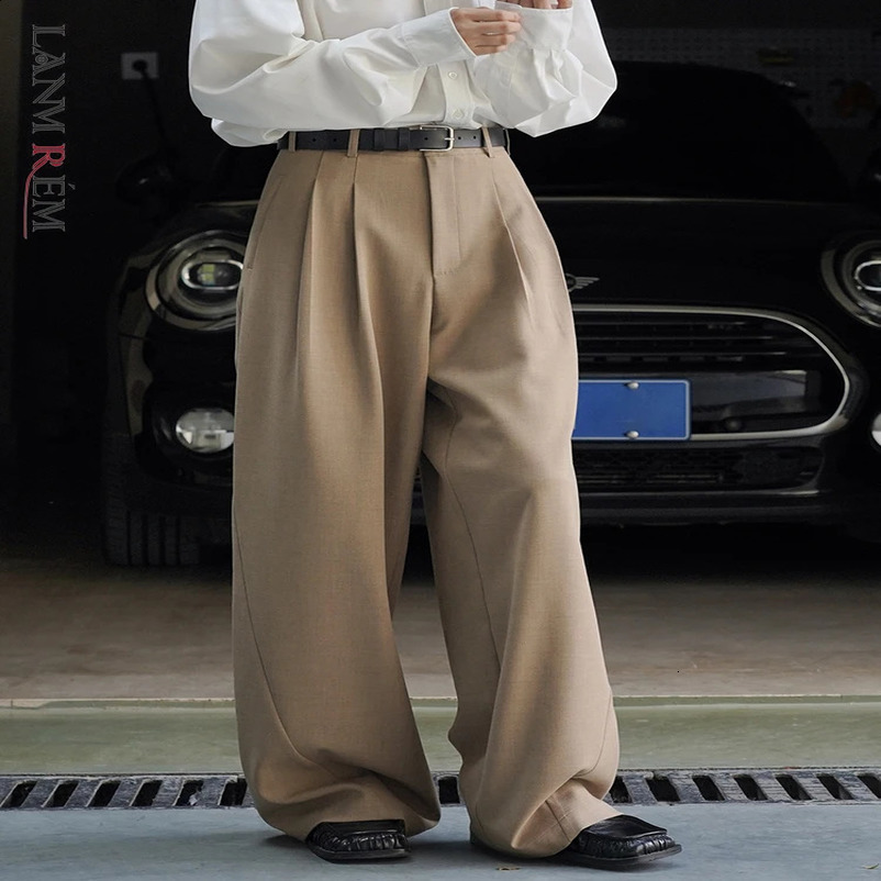 LANMREM Minimalism High Waist Pants For Women Straight Wide Leg Trousers Loose Female Fashion Clothing Spring 26D1885 250106