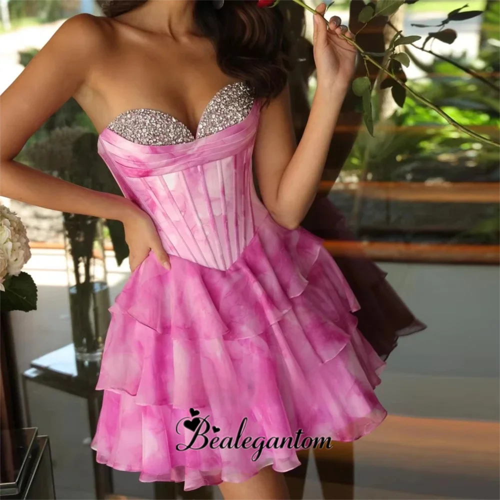 Customized Pink Crystals Tiered Homecoming Dresses Short Saudi Arabric Bespoke Cocktail Lace Up Princess Cocktail Birthday Prom Party Graduation Hoco 