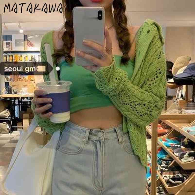 MATAKAWA 2 Piece Set Women Green Hollow Out Knitted Cardigan Spring Cropped Camisole Short Tops Long Sleeve Camis Ribbed Suit 210513