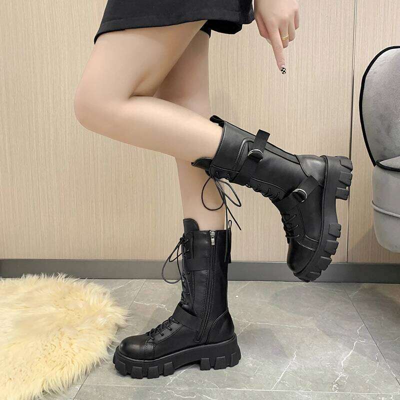 Heel 5CM 2025 New Lace-Up Platform Shoes Leather Women British Short Ladies Ankle Boots Fashion Botas De Mujer