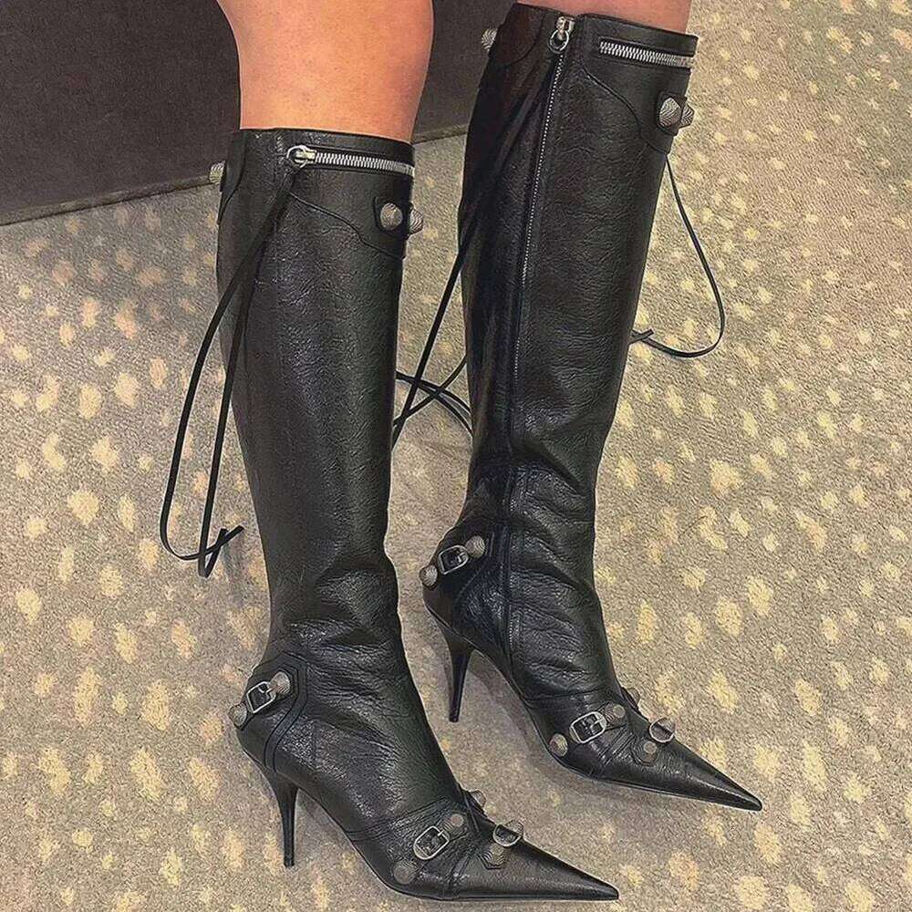 Sexy Knee 2024 Winter Boots Brand Design Super High Thin Heels With Rivet Retro Fashion Cool Women Shoes Big Size 46