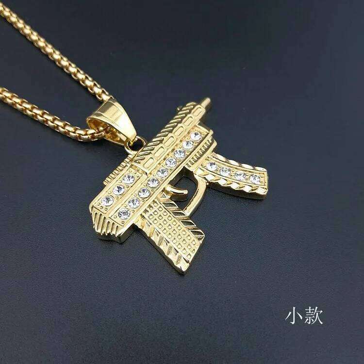 Fashion Gold Color Subhine gun Link Chain Pedant Necklace zircon Stainless steel Choker Hip Hop For Men Jewelry Collier Male