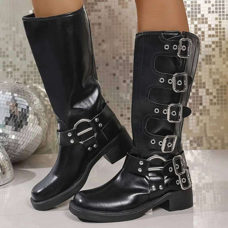 Fashion Buckle Strap Midi-Calf for Women Autumn Winter Brown Rivet Wedges Boots Woman Plus Size Pu Leather Botas Mujer