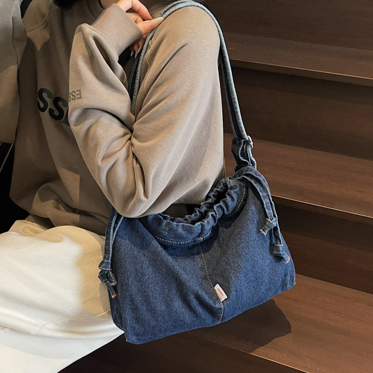 Artistic Denim Tote for Women, Large Capacity Drawstring Shoulder Crossbody Bag, Student Class Commuting Bag