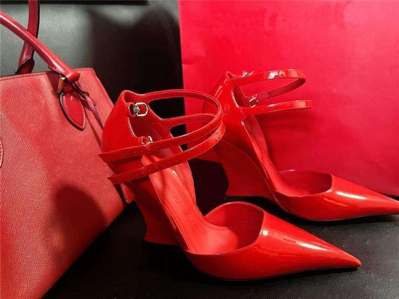 2025 New Red Patent Leather Sexy Wedge Pointed High Designer Shoe heels Shallow Mouth Single Shoes One Strap French Style Women's Sandals