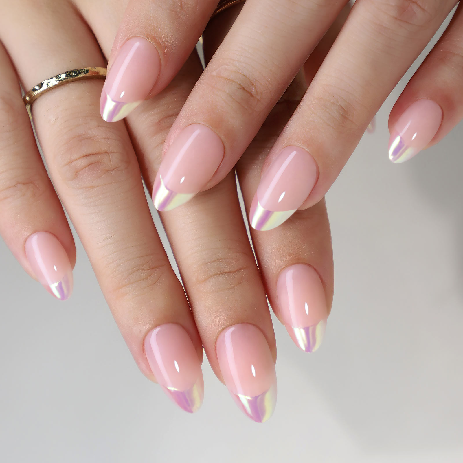 french tip nails 3D aurora Aurora purple shiny French edge mid length almond shaped Press On Nails, Convenient To Wear, fashionable and unique, suitab