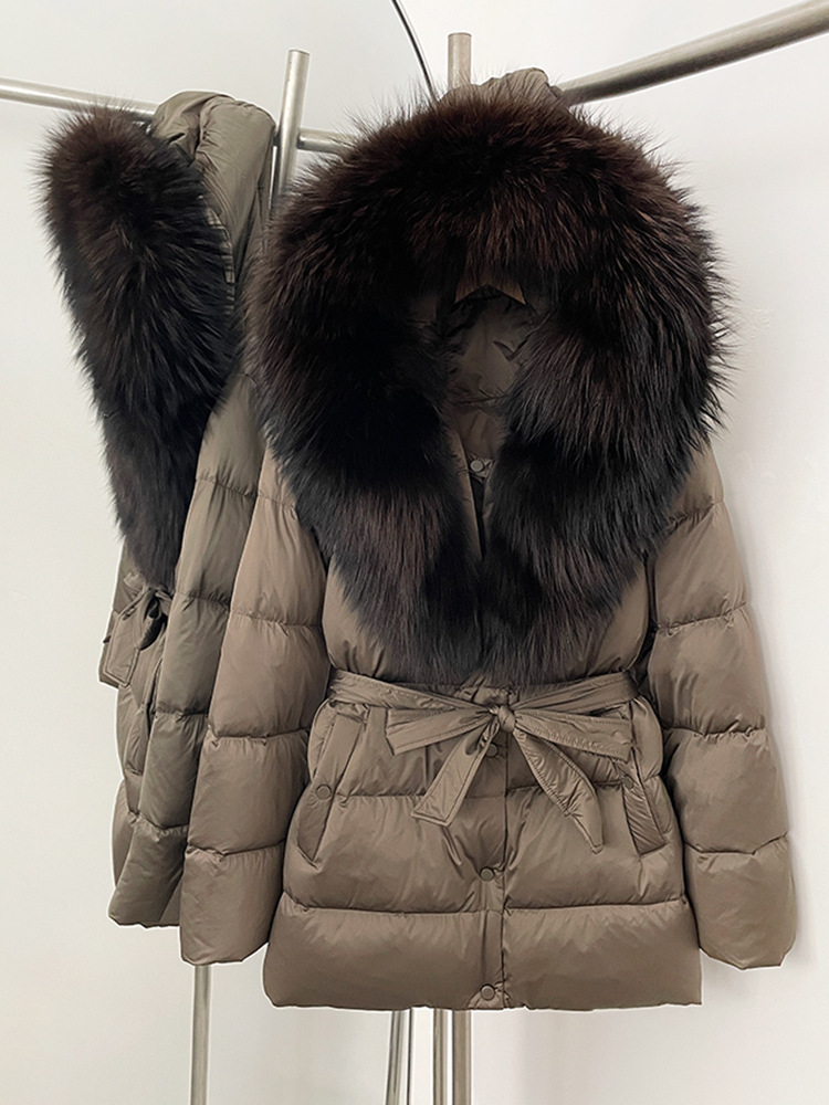 Designer's new winter goose down jacket with oversized real fox fur, thick fur collar, medium to long warm waist down puffer jacket doudoune femm