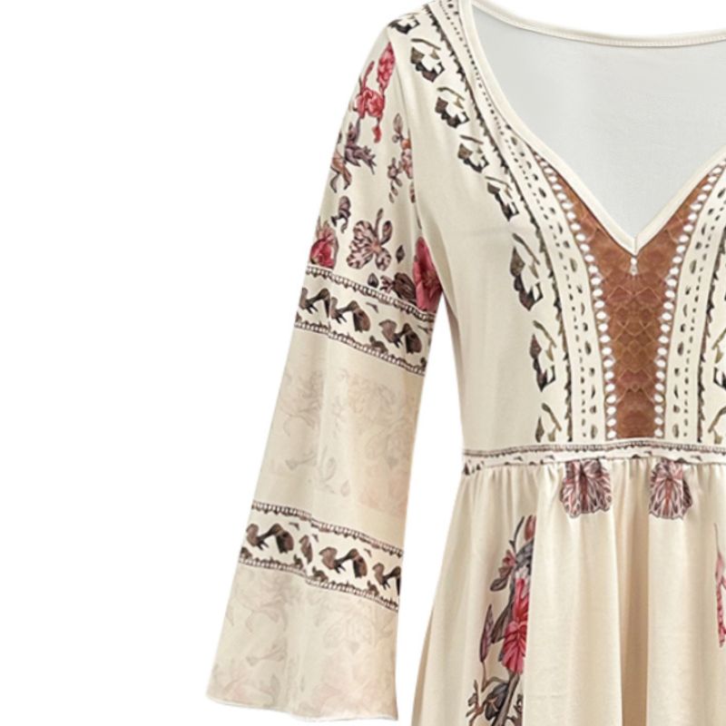 Women's Fall Bohemian Floral Print Long Sleeve Midi Dress - French Elegant Western Style Milk Silk Casual Loungewear Dress-CF52910