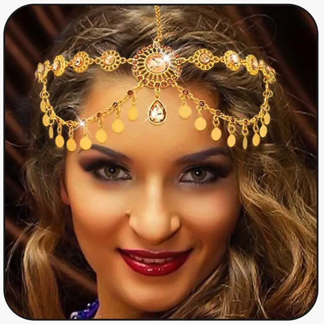Egyptian Crystal Forehead Headpiece Gold Color Alloy Hollowed Rhinestone Coin Tassel Head Chain Womens Dance cessories L250928MMHQ