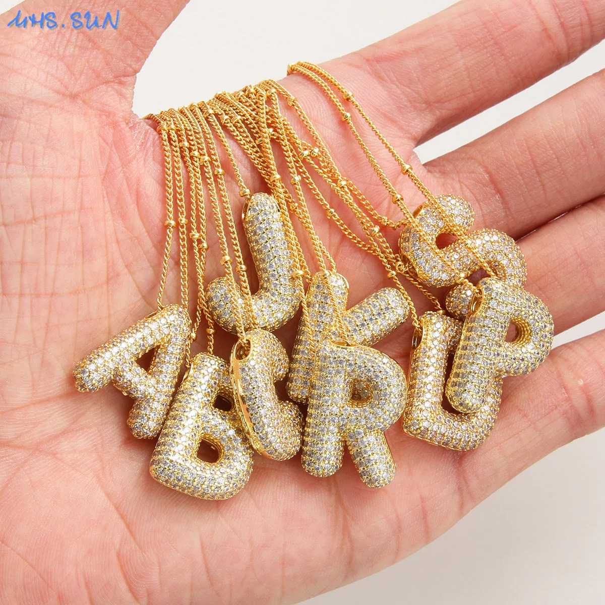 MHSSUN Gold Plated Balloon 26 Letter Necklaces Copper Zircon Bubble Initial Pendant Chunky Women Personality Chain Jewelry 250928