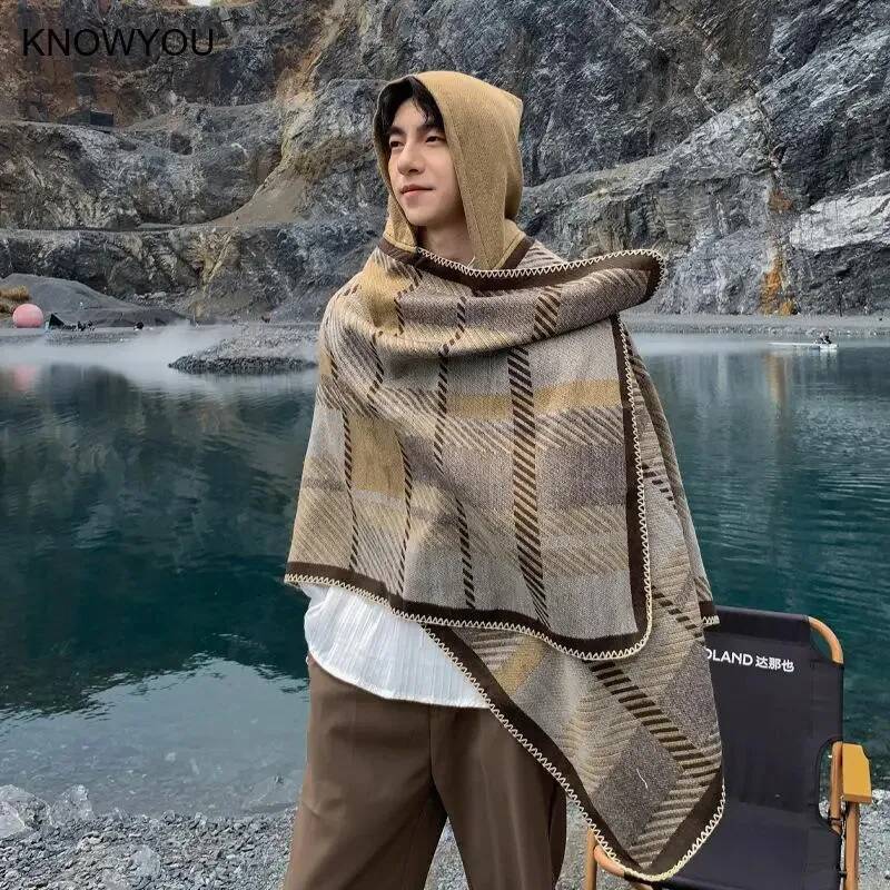 Men Poncho Winter Warm Shawl Thickening Blanket Scarf Male Cloak Cashmere Blend Pashmina Cape Stole Plaid Wraps