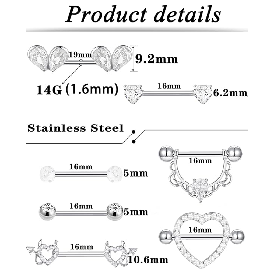 7 Pairs Nipple Rings for Women 14G Stainless Steel White CZ Heart Devil Ball Straight Barbell Nipple Bars Tongue Rings Set Nipplerings Piercing Jewelr