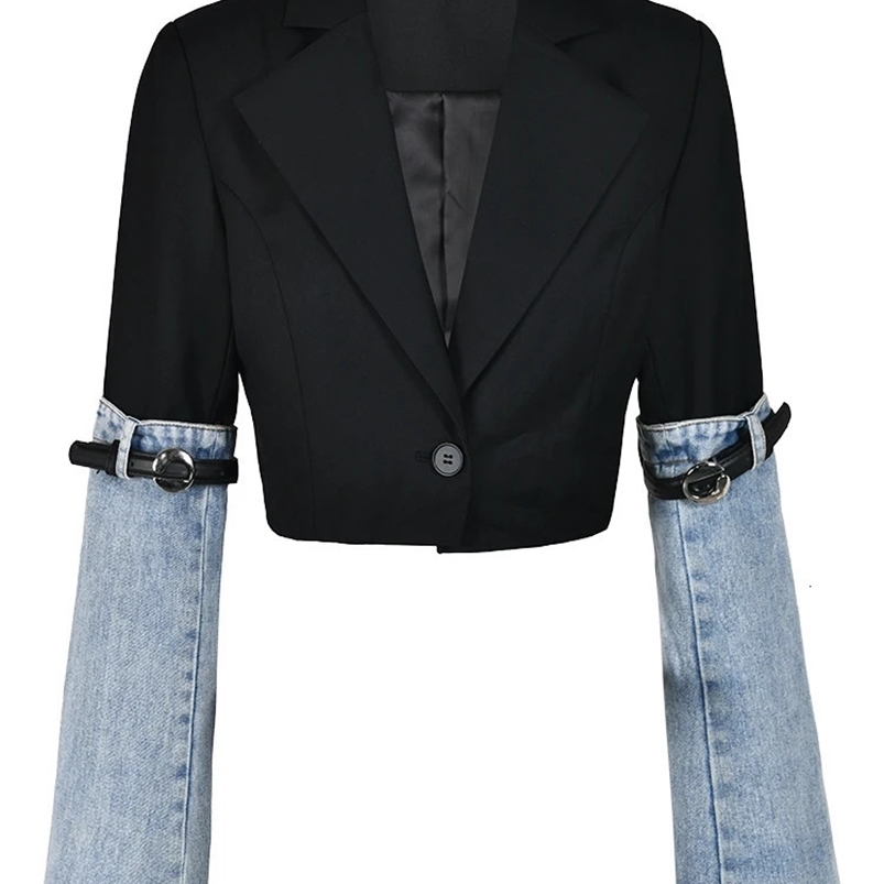 Eshin Autumn Fashion Women's Denim Patchwork Blazer Notched Collar Single Button Long Sleeve Short Suit Jackets TH5165 231222