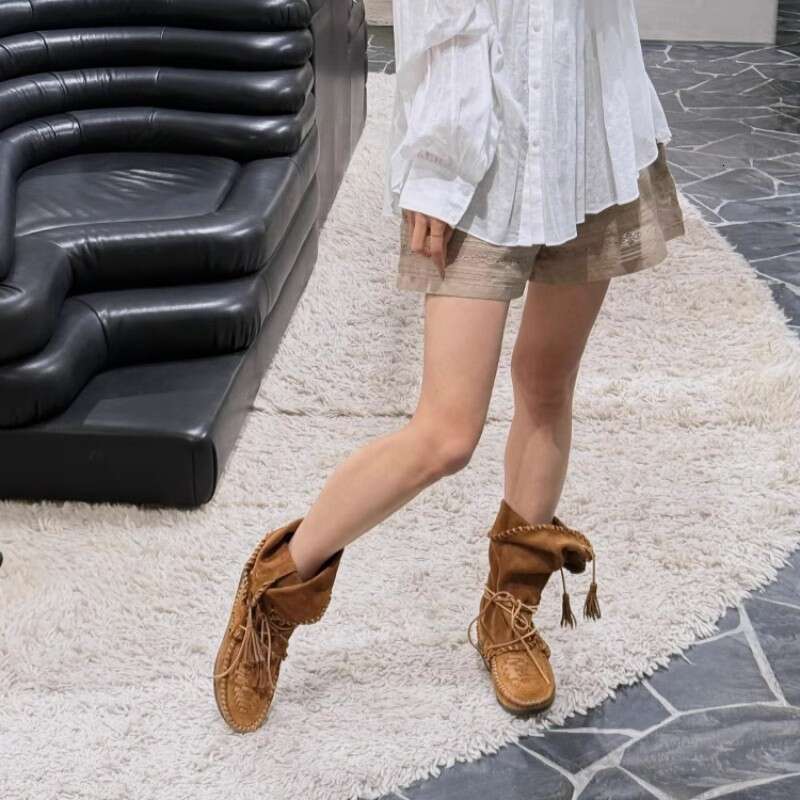 High-End 2025 Autumn Winter New Martin Round Toe Tassel Flat Lace-Up High Tube Riding Long Boots Versatile