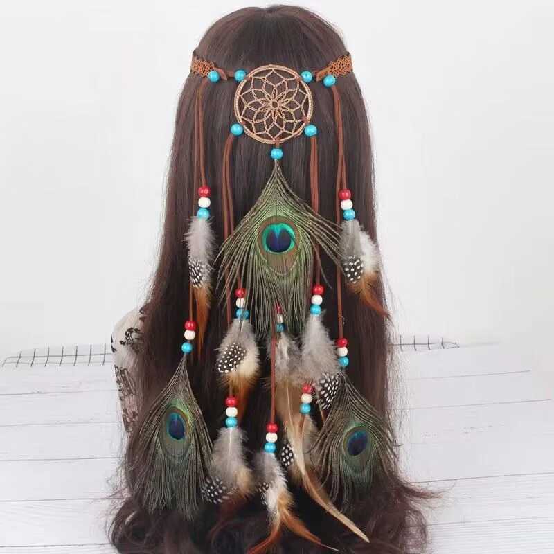 Indian Ethnic Style Bohemai Vintage Dream Catcher Peock Feather Tassel Adjustable Headband Head Jewelry Hair cessories L250928804A
