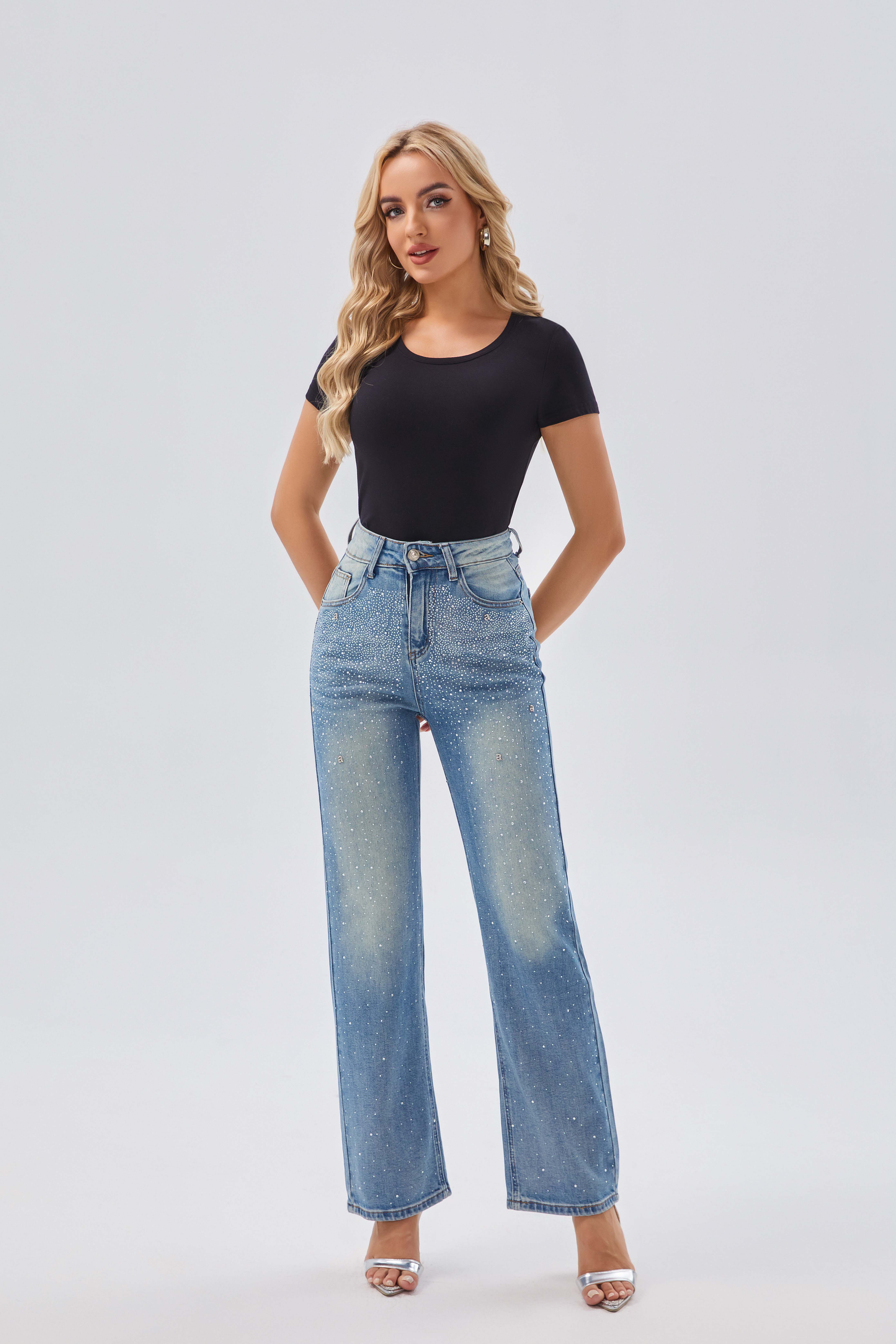 Women's Jeans Women's High - Waist Wide - Leg Rhinestone Embellished Denim Floor - Length Jeans, Glamorous Casual Pants for Special Occasion