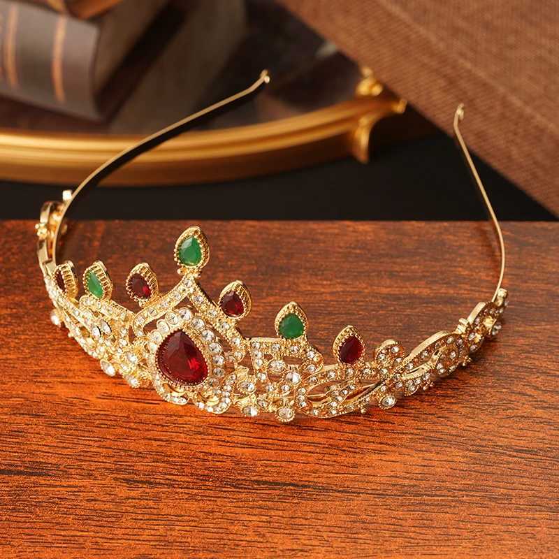 Arabian Women Wedding Gifts Water Drops Green Red Crystal Hair Jewelry Bridal Crown Morocco Fashion Gold Color Bridal Tiara L250928A2KD