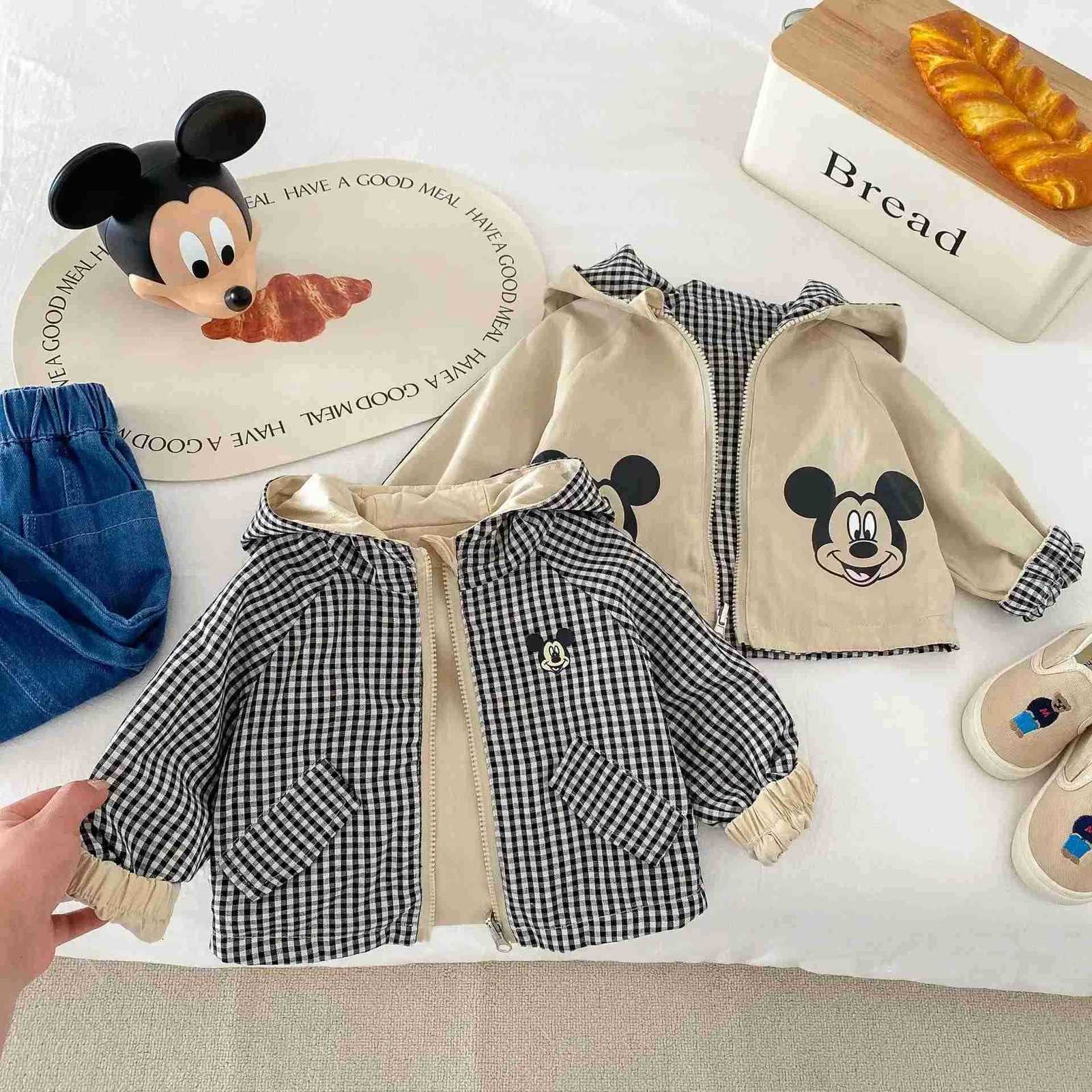 Disney Baby Girl Boy Mickey Mouse Double Sided Jacket 2025Spring Autumn Toddler Kid Cartoon Hooded Plaid Coat Children Casual Outerwear H250929