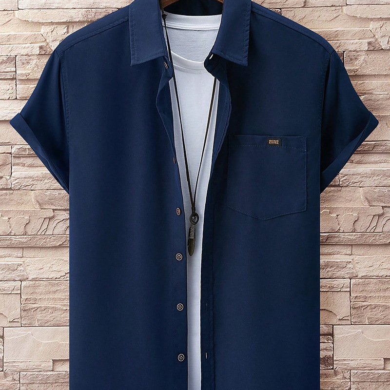 Summer Fashion Mens Solid Color Short Sleeve Classic Shirt Casual Button-Down 100% Polyester Plain Basic Shirts for Men 240816