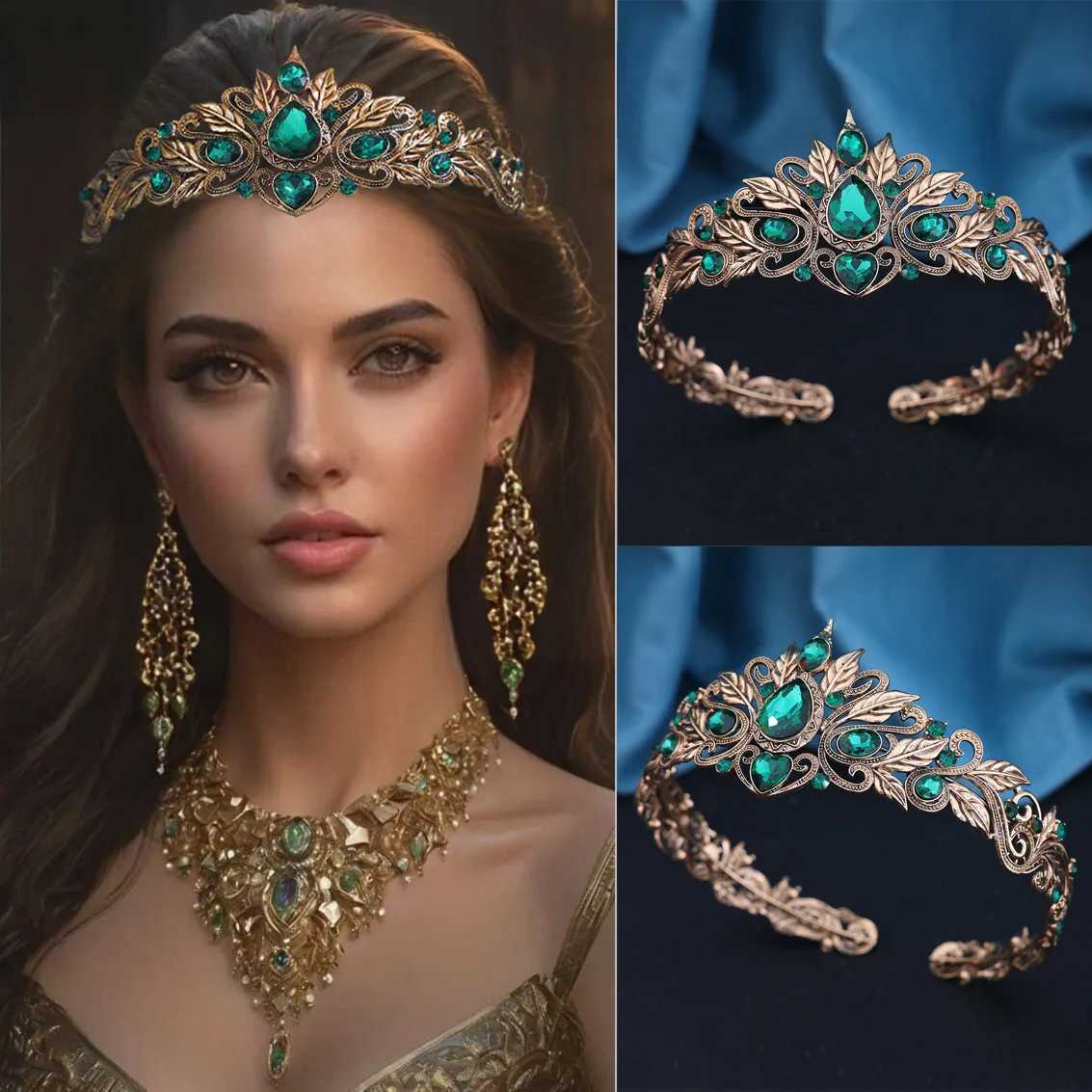 Vintage Green Crystal Cosplay Tiara Crown Women Man Waterdrop Zircon Headband Bridal Hair cessories Crown Wedding Headwear L2509282LVW