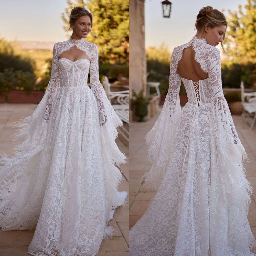 Unique A-Line Wedding Dresses for Women - Long Sleeve Lace Bridal Gowns with Tulle Jacket and Customized Appliques
