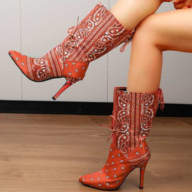 23 Spring Mid-length High-heel Pointed Toe Thin High-heel Camouflage Pattern Elastic Drawstring Mid-length Women's Boots J250929